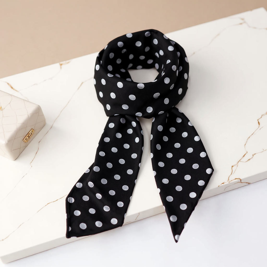 Black polka dot silk scarf on marble - product photo